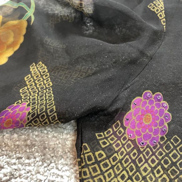 Chadwicks Blouse Button Up Top womens Medium Black Purple Sheer Tropical Floral - Picture 6 of 11